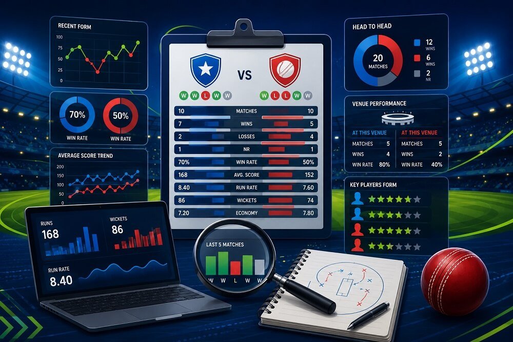 Cricket team form analysis dashboard showing recent match results, player statistics, venue records, and team performance charts.